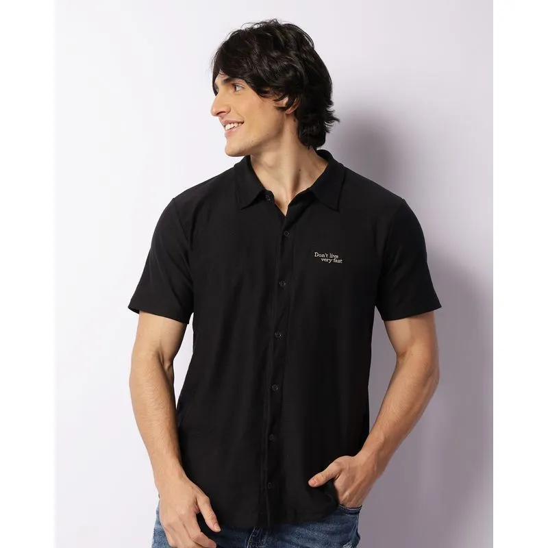Camisa Masculina Maquinetada Com Bordado Preta M