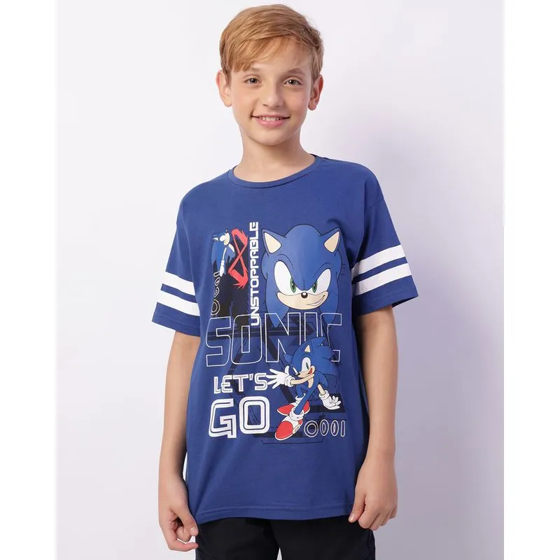 Camiseta Juvenil Estampa Sonic Manga Curta Azul 16