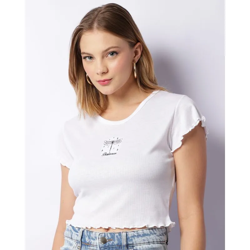 Blusa Feminina Cropped Canelada Manga Curta Frufru Branca G