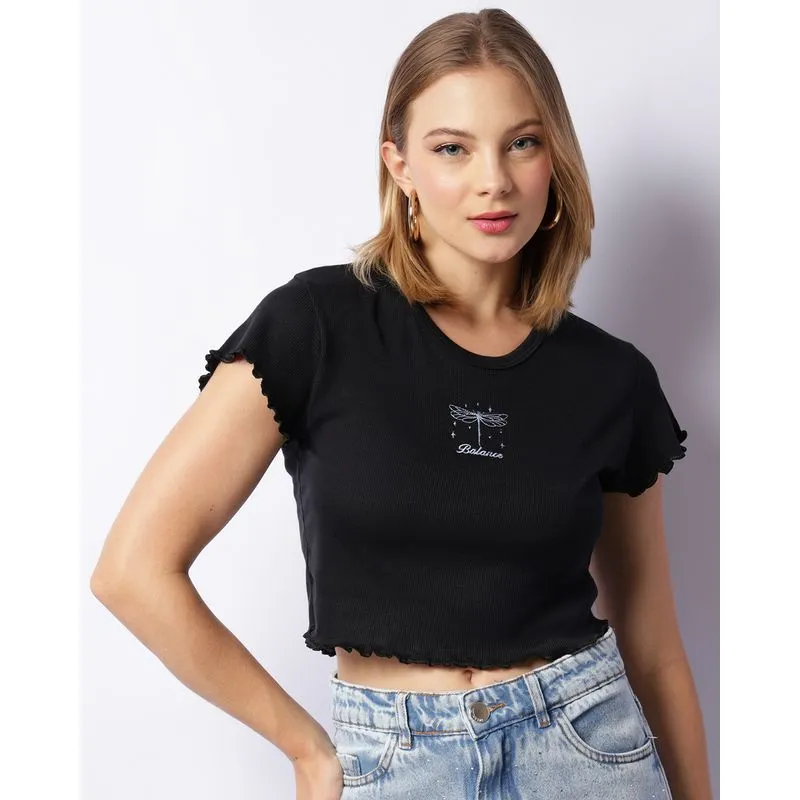 Blusa Feminina Cropped Canelada Manga Curta Frufru Preta M