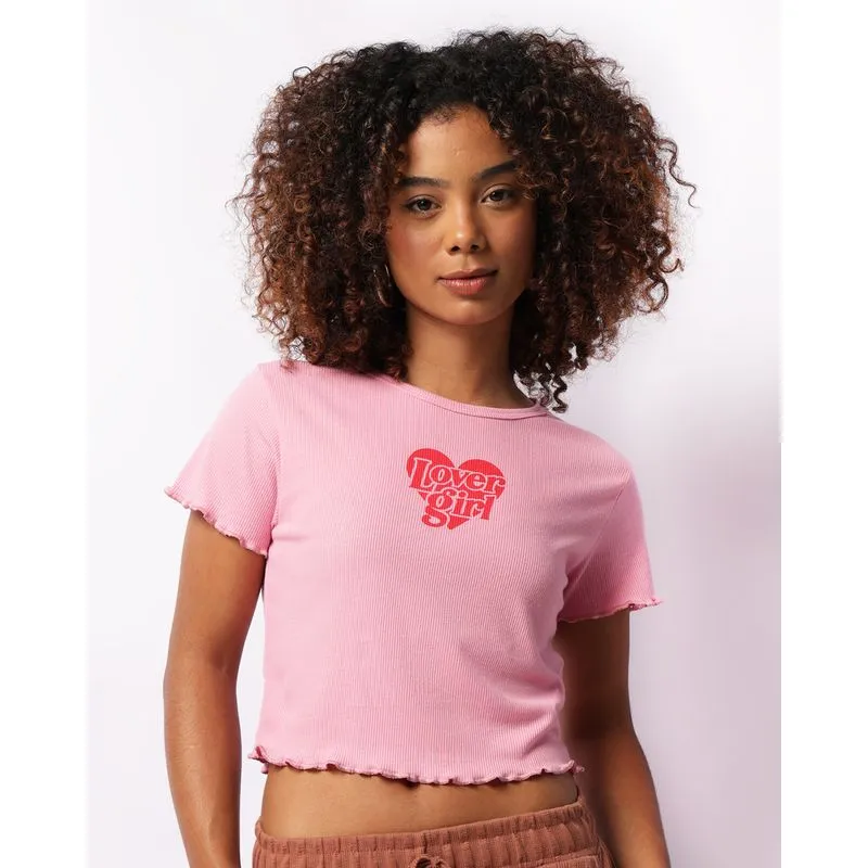 Blusa Feminina Canelada Estampa Coração Manga Curta Babado Rosa P