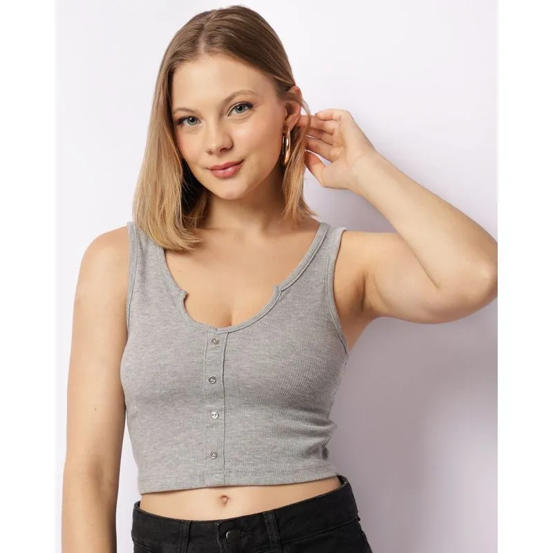 Regata Feminina Cropped Botões Decorativo Cinza G