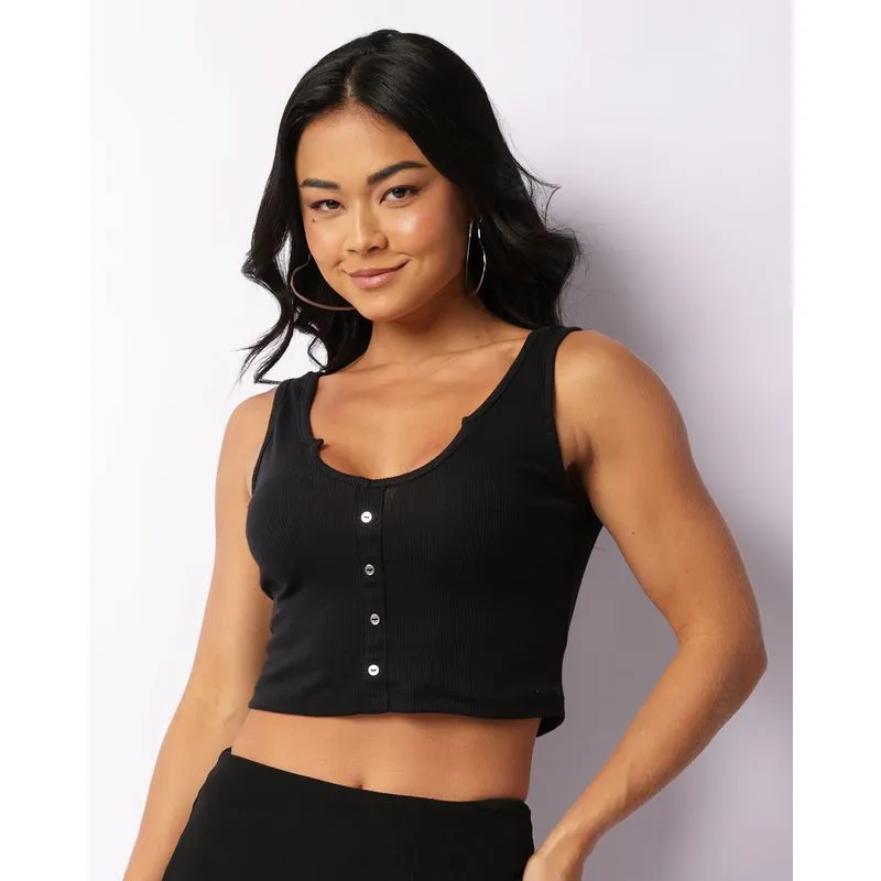 Regata Feminina Cropped Botões Decorativo Preta G