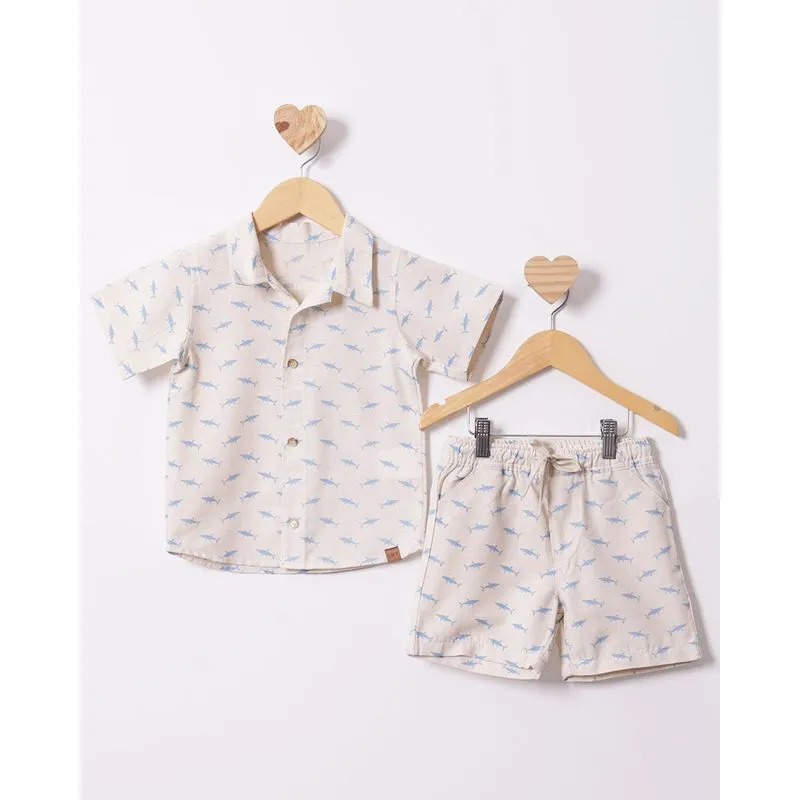Conjunto Bebê Curto Estampa Tubarão Off White 3