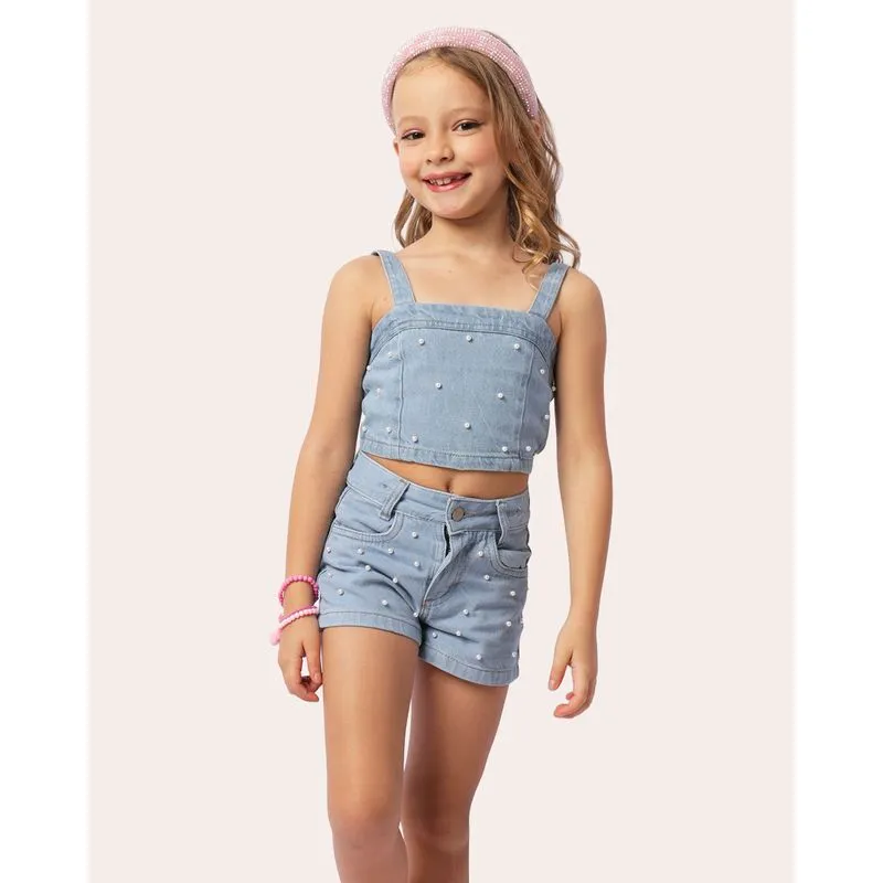 Conjunto Jeans Infantil Curto Com Pérolas Azul 8