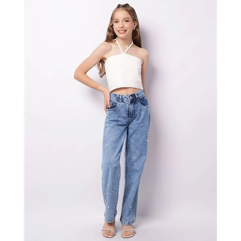 Calca Jeans Juvenil Reta Marmorizada Com Pérolas Azul 14