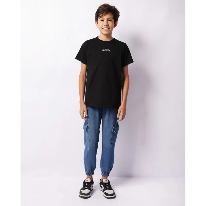 Calça Jeans Juvenil Jogger Bolso Cargo Com Cordão Azul 10