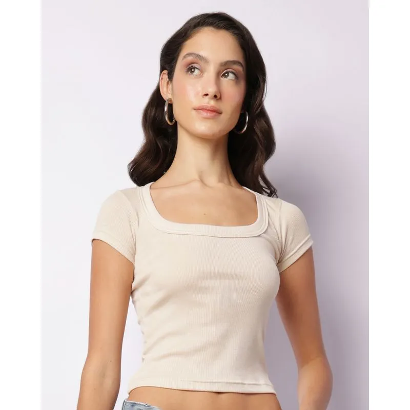 Blusa Feminina Canelada Básica Manga Curta Bege P
