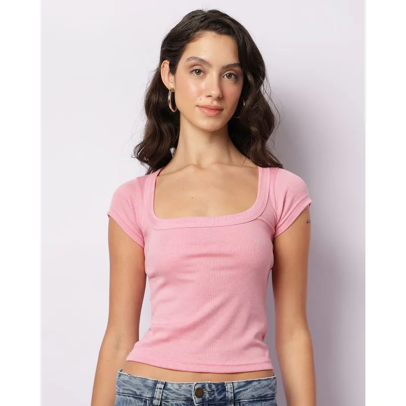 Blusa Feminina Canelada Manga Curta Rosa P