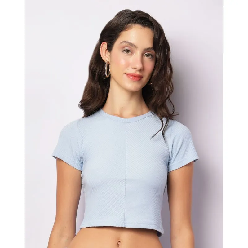 Blusa Feminina Cropped Canelada Manga Curta Azul M