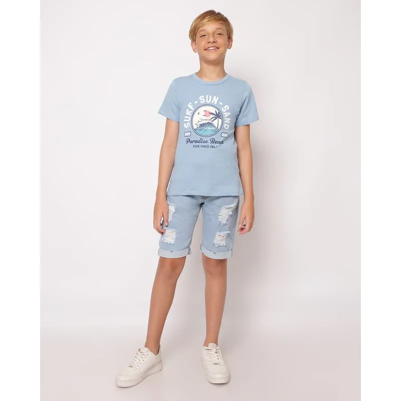 Bermuda Jeans Juvenil Reta Destroyed com Barra Dobrada Azul 14