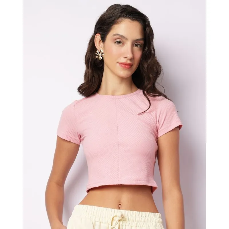 Blusa Feminina Cropped Canelada Manga Curta Rosa G
