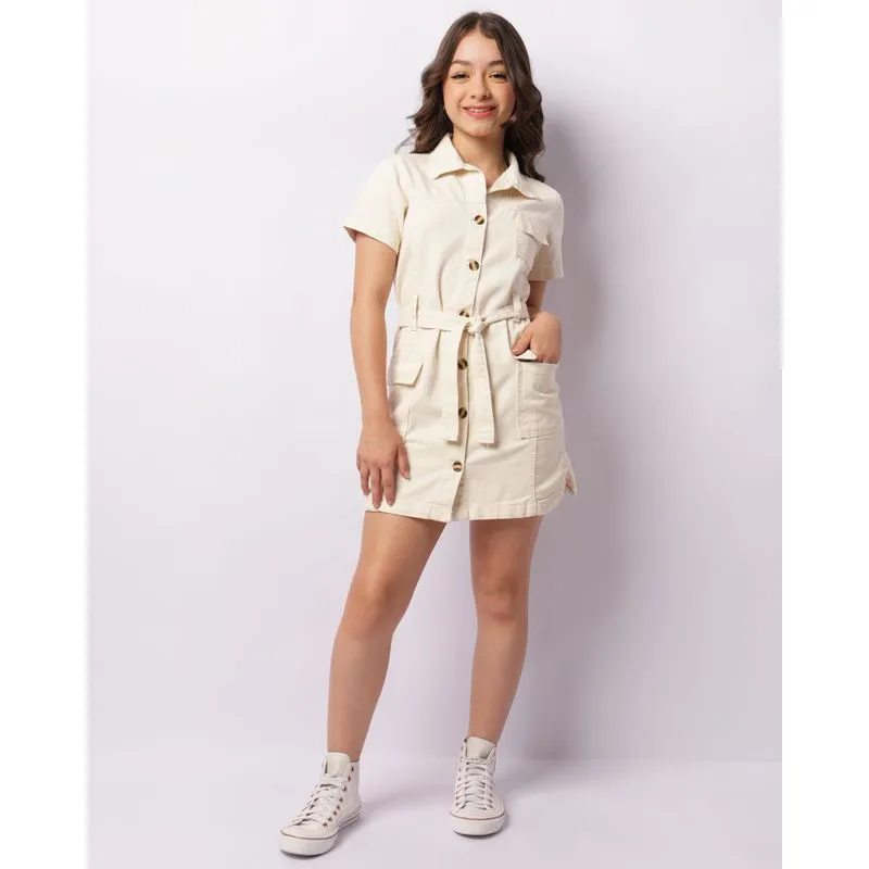 Vestido Sarja Juvenil Curto Amarração Bege 14