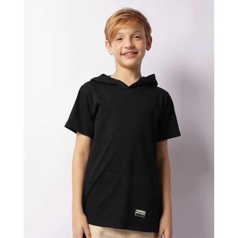 Camiseta Juvenil Bolso Canguru Com Capuz Manga Curta Preta 16