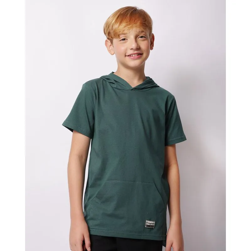 Camiseta Juvenil Manga Curta Capuz Bolso Verde 16