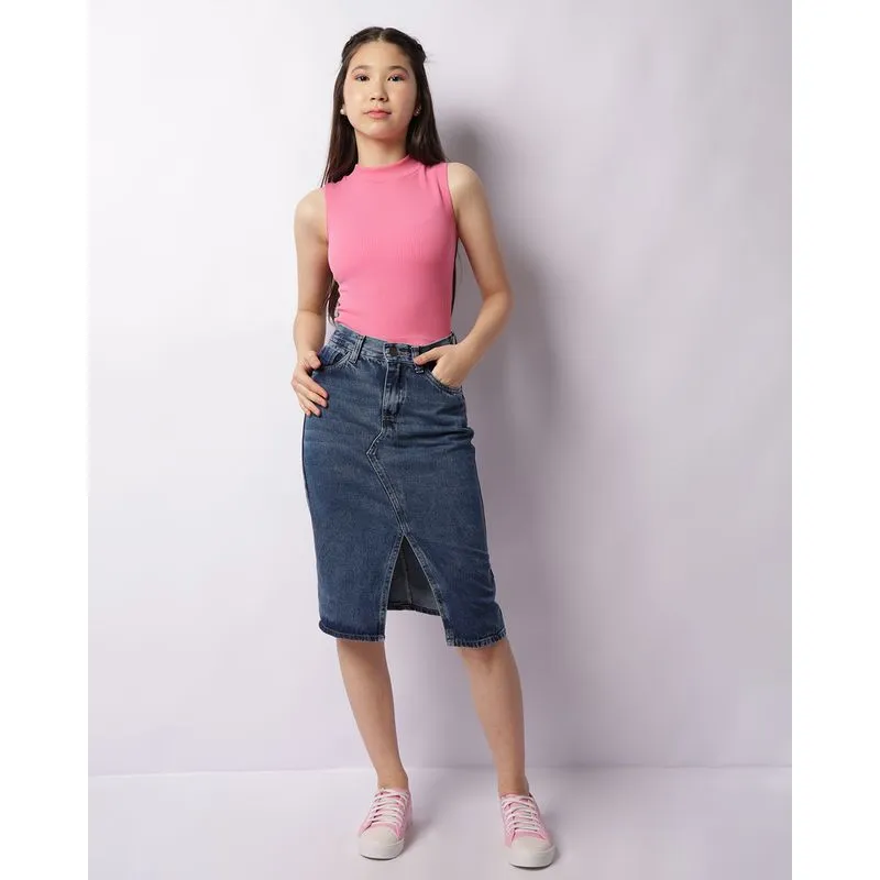 Saia Jeans Juvenil Longa Com Fenda Frontal Azul 12