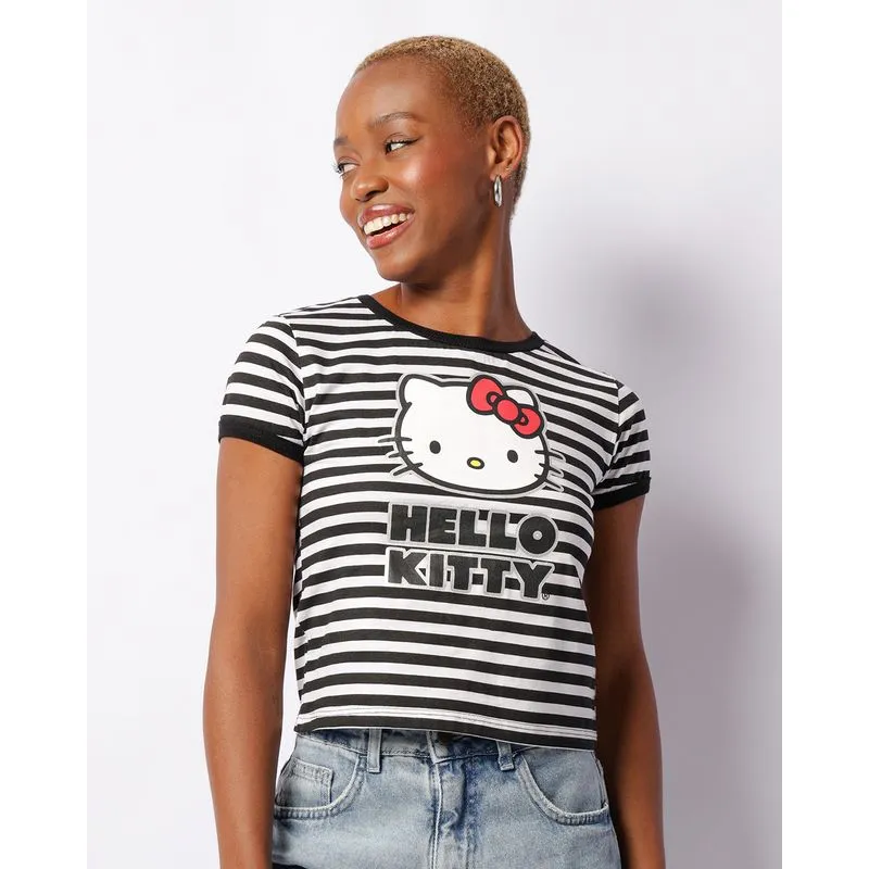 Camiseta Feminina Cropped Hello Kitty Manga Curta Listrada Branca G