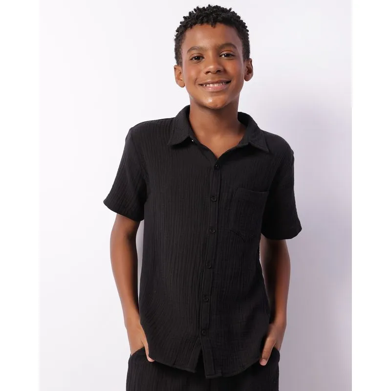 Camisa Juvenil Manga Curta Algodão Texturizado Bolso Preta 12