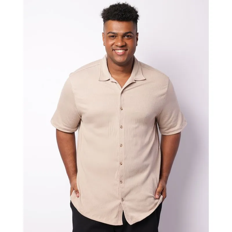 Camisa Plus Size Masculina Manga Curta Anarruga Bege G3