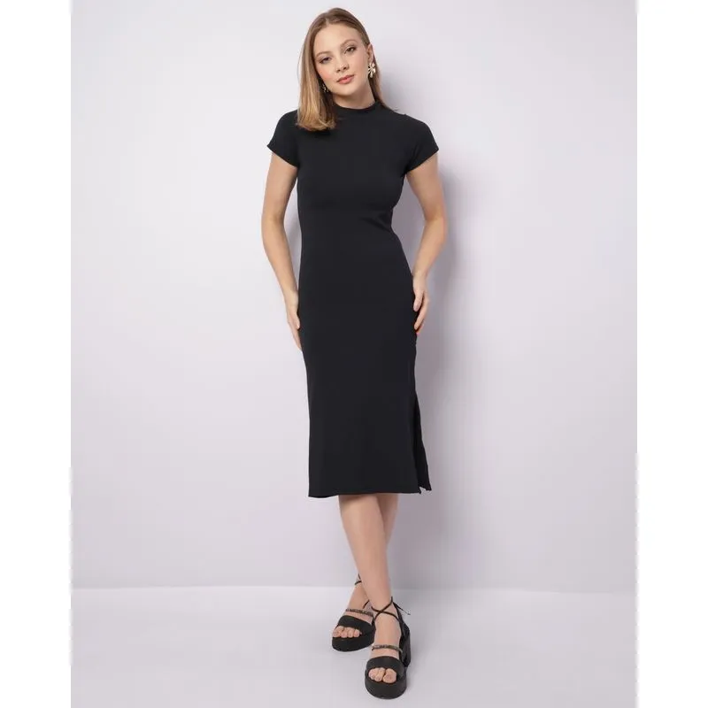 Vestido Feminino Midi Canelado Com Fenda Preto GG