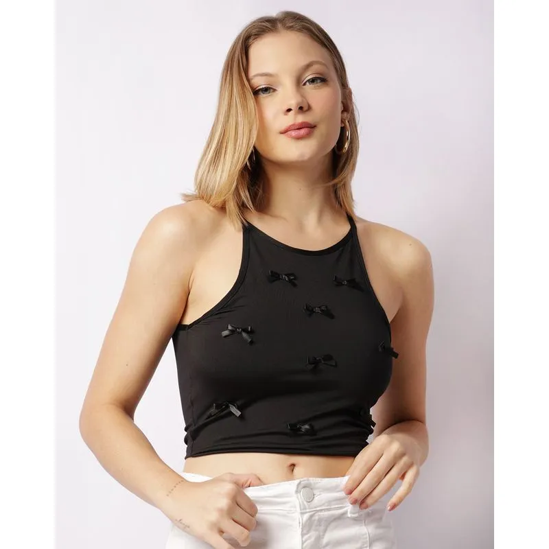 Regata Feminina Cropped Com Lacinhos Preta GG