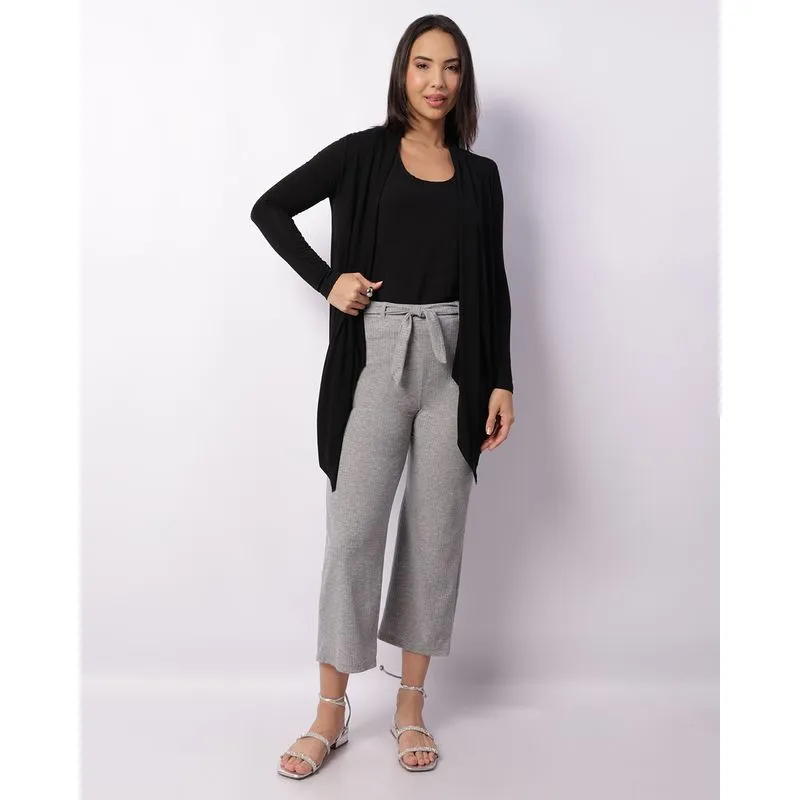 Calça Feminina Pantacourt Canelada Com Cordão Cinza G