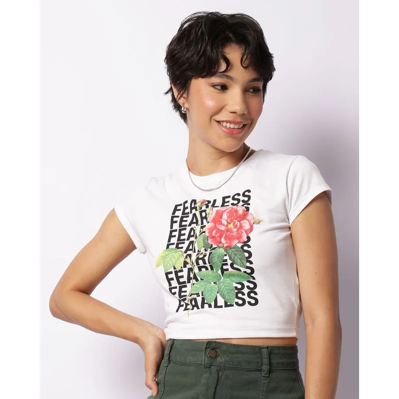 Blusa Feminina Cropped Manga Curta Estampa Fearless Branca GG