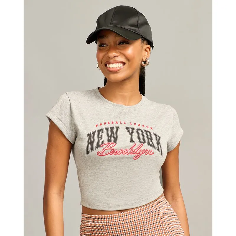 Blusa Feminina Cropped Estampa Escrita Manga Curta Cinza G