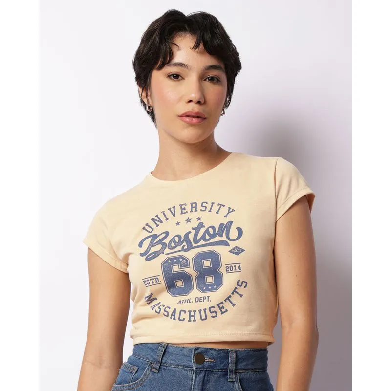 Blusa Feminina Cropped Estampa Escrita Manga Curta Bege G