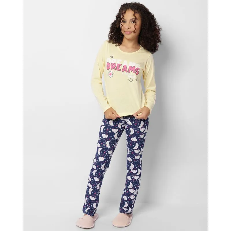 Pijama Juvenil Estampado Hora De Dormir Manga Longa Amarelo 10