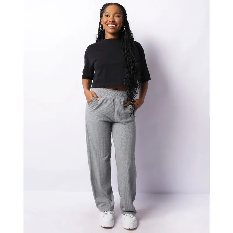 Calça Feminina Pantalona Canelada Cinza GG
