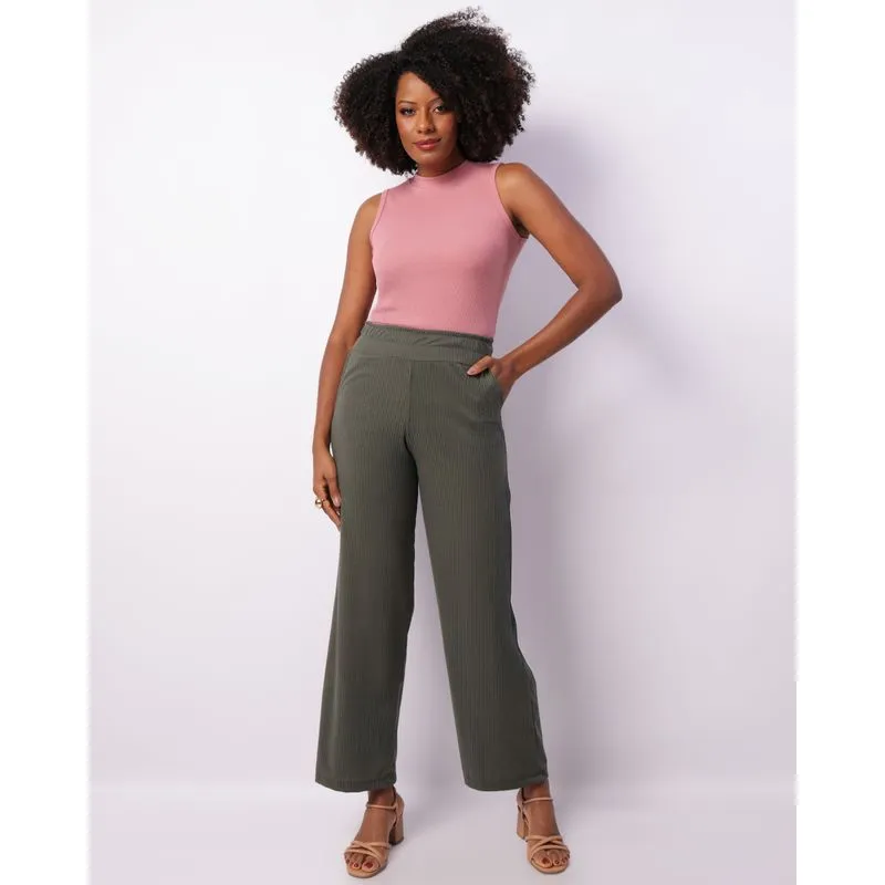 Calça Feminina Pantalona Canelada Com Bolso Verde P