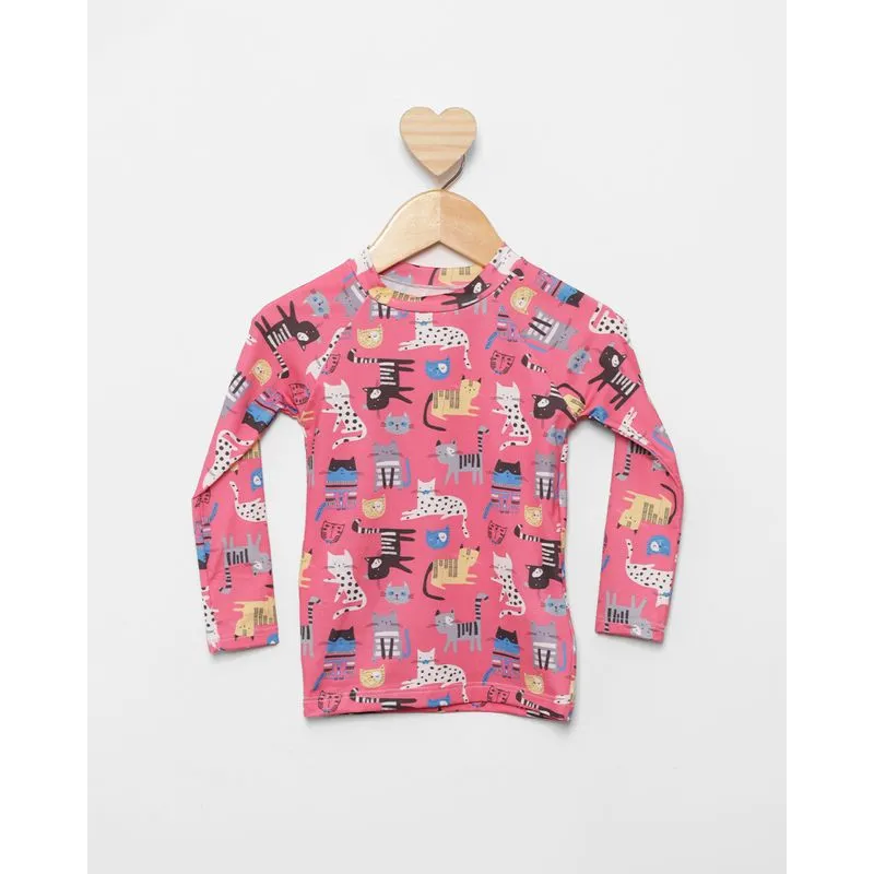 Blusa Proteção UV Bebê Estampada Gatinhos Manga Longa Rosa 1