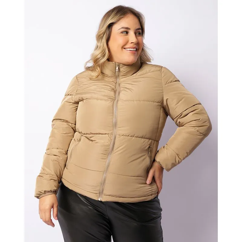 Jaqueta Plus Size Feminina Puffer Peluciada Com Bolsos Bege G2