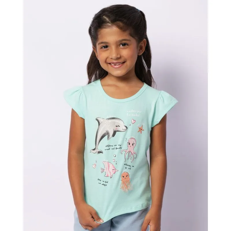 Blusa Infantil Estampa Fundo do Mar Com Bordado Manga Curta Verde 4