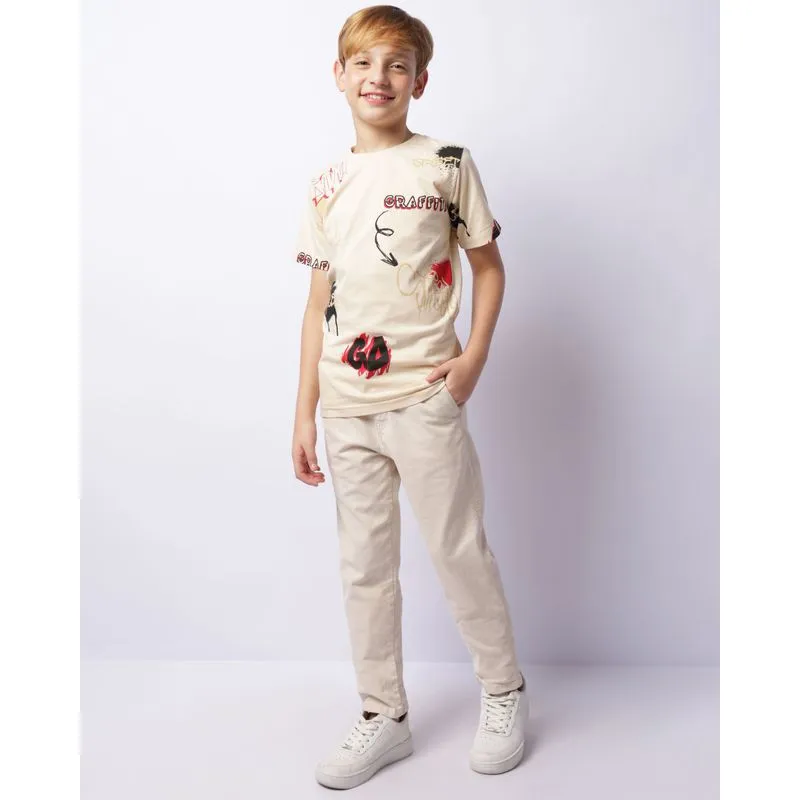 Calça Juvenil Sarja Slim Bolsos Com Cordão Bege 16