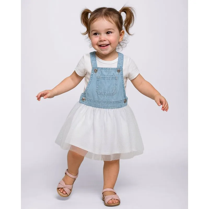 Salopete Jeans Bebê Sobreposição Tule com Glitter Azul 3