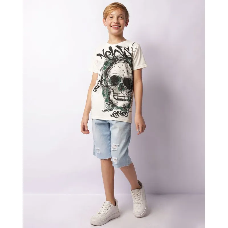 Bermuda Jeans Juvenil Reta Com Puídos Barra Desfiada Azul 10