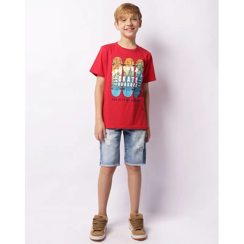Bermuda Jeans Juvenil Reta Barra Desfiada Azul 12