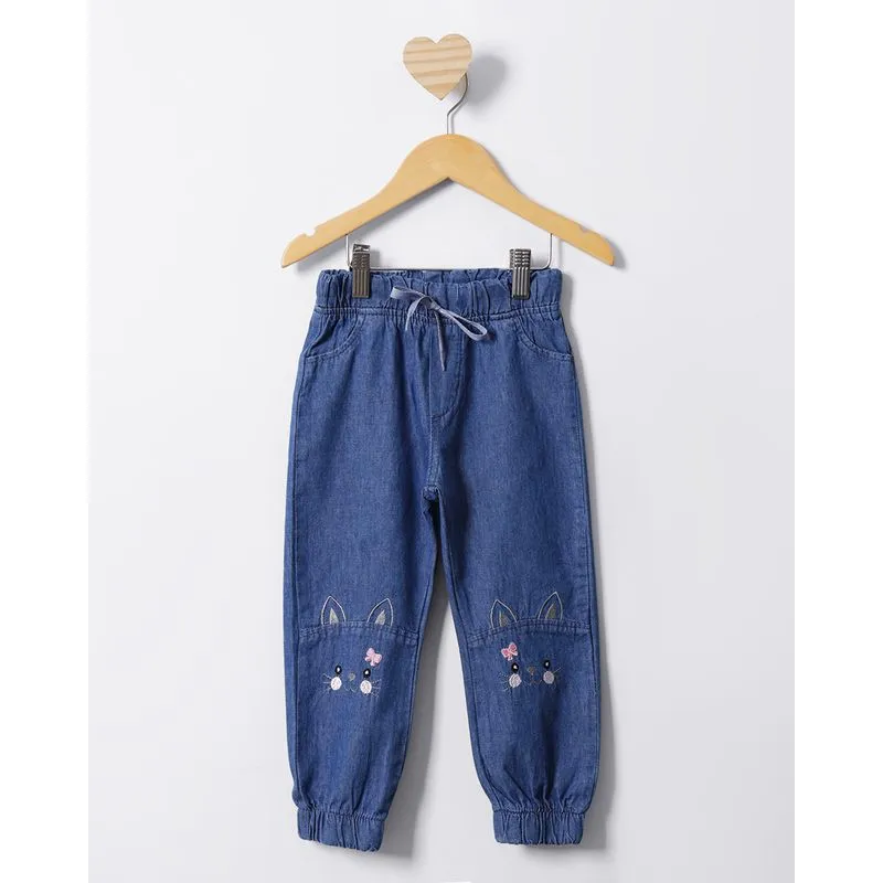 Calça Jeans Bebê Jogger Com Bordado Gatinho Azul 3