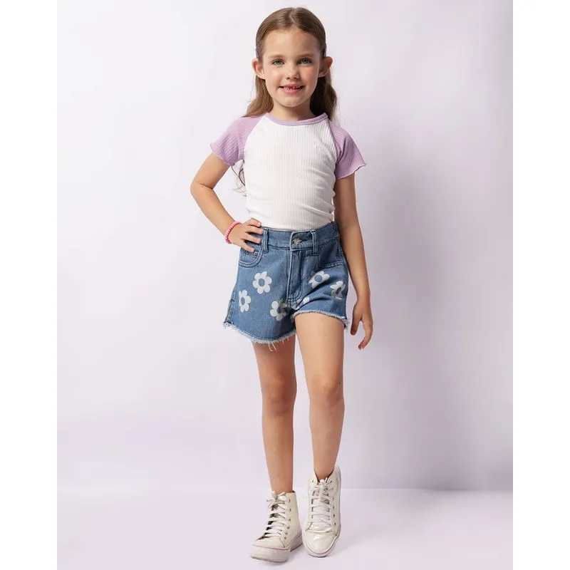 Short Jeans Infantil Curto Estampa Flores Azul 6