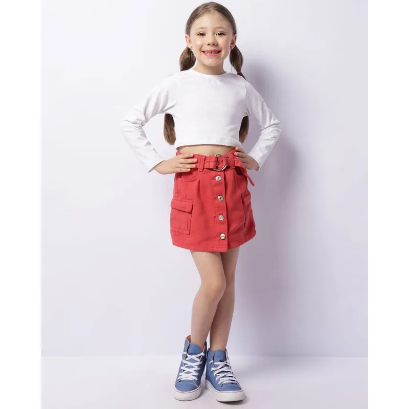 Saia Jeans Infantil Cargo Com Cinto E Botões Vermelha 4