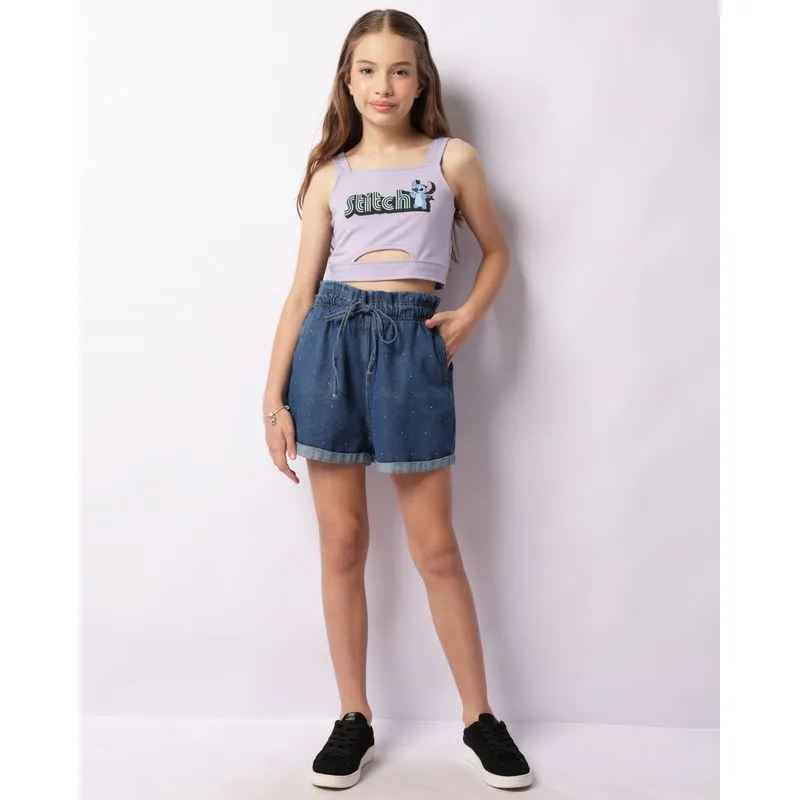 Short Jeans Juvenil Paper Bag Com Brilhos Azul 14