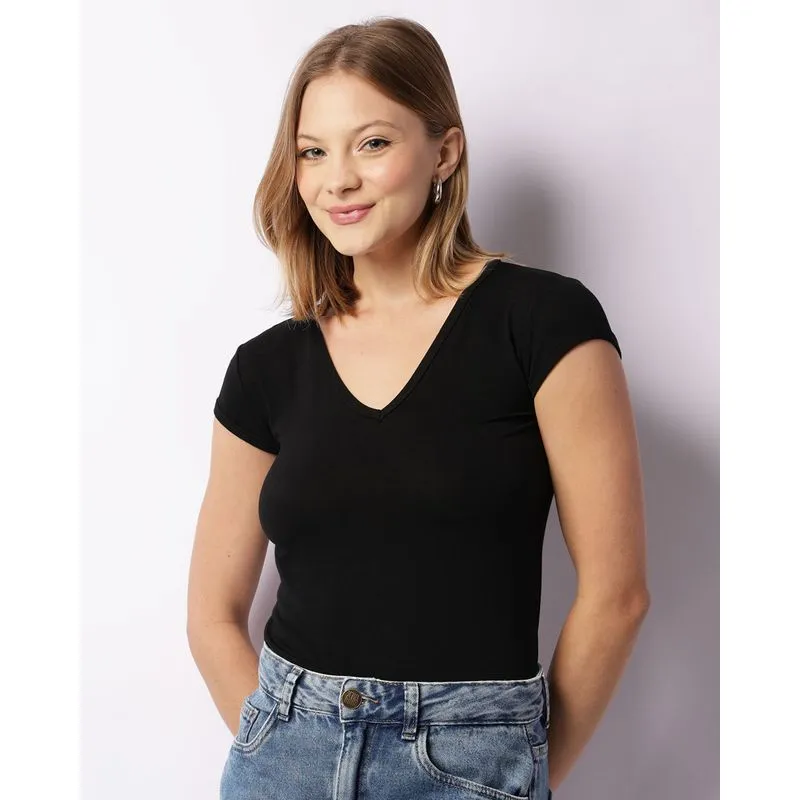 Blusa Feminina Manga Curta Básica Preta P