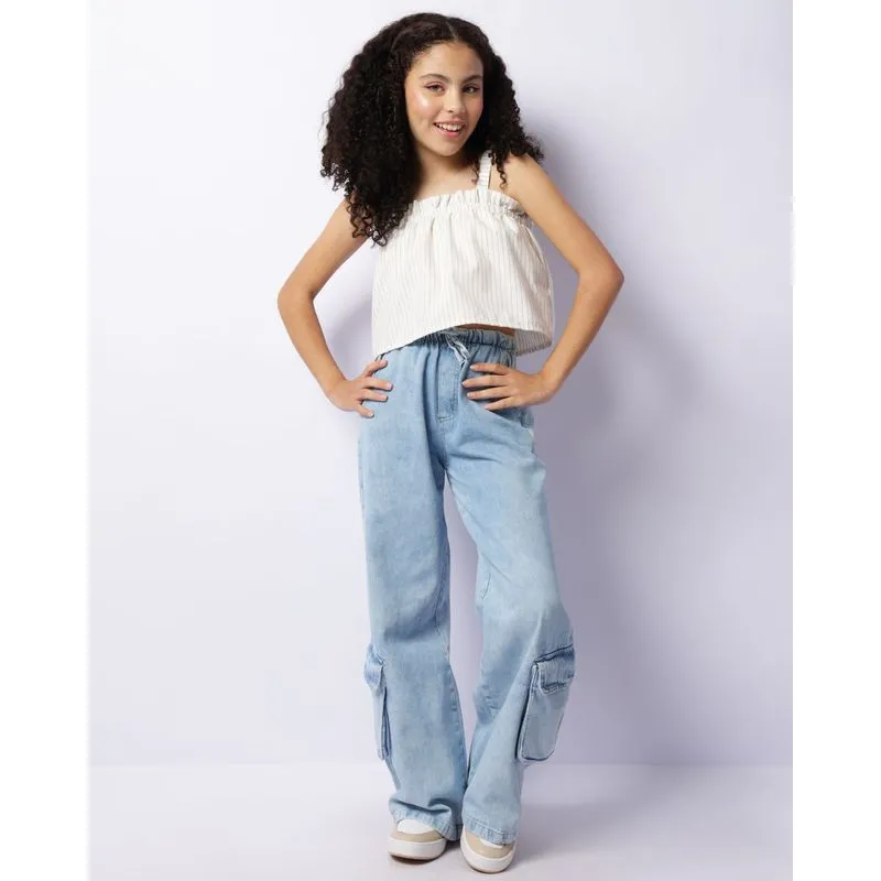 Calça Jeans Juvenil Wide Leg Cargo Cós Com Elástico Azul 10