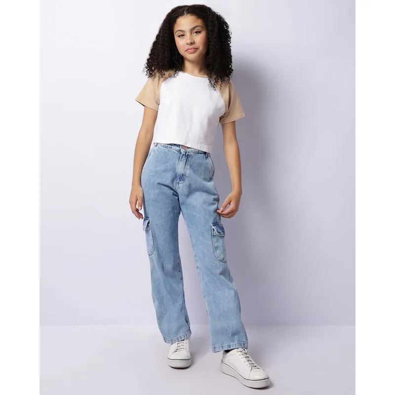 Calça Jeans Juvenil Wide Leg Cargo Marmorizada Azul 10