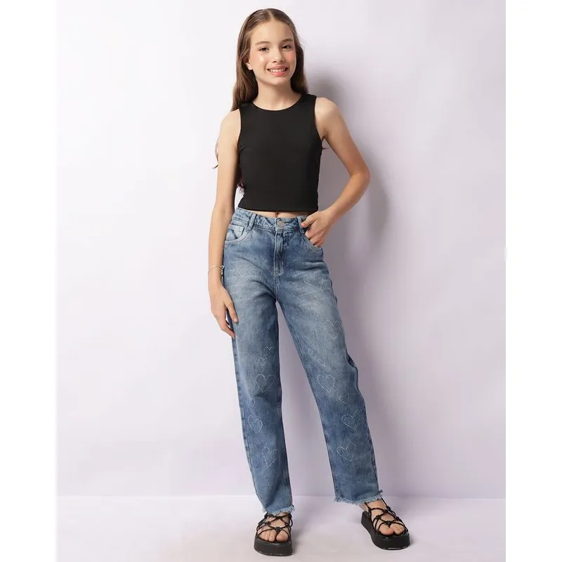 Calça Jeans Juvenil Reta Com Strass Coração Azul 14