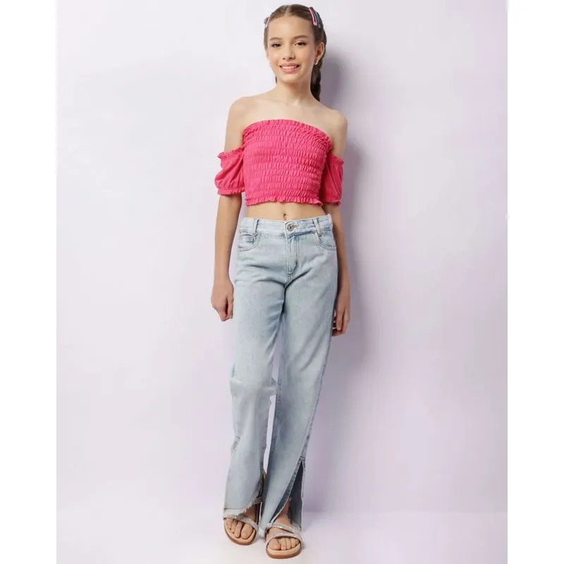 Calça Jeans Juvenil Wide Leg Com Brilhos Barra Desfiada Azul 12