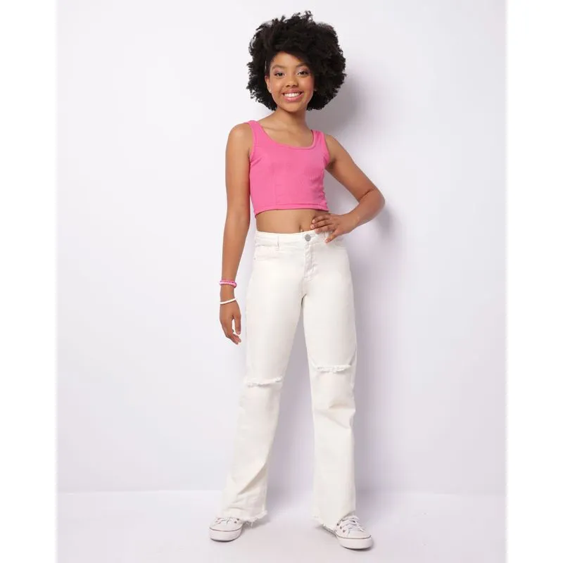 Calça Sarja Juvenil Wide Leg Destroyed Barra Desfiada Off White 12