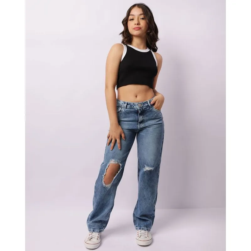 Calça Jeans Juvenil Wide Leg Com Destroyed Azul 10